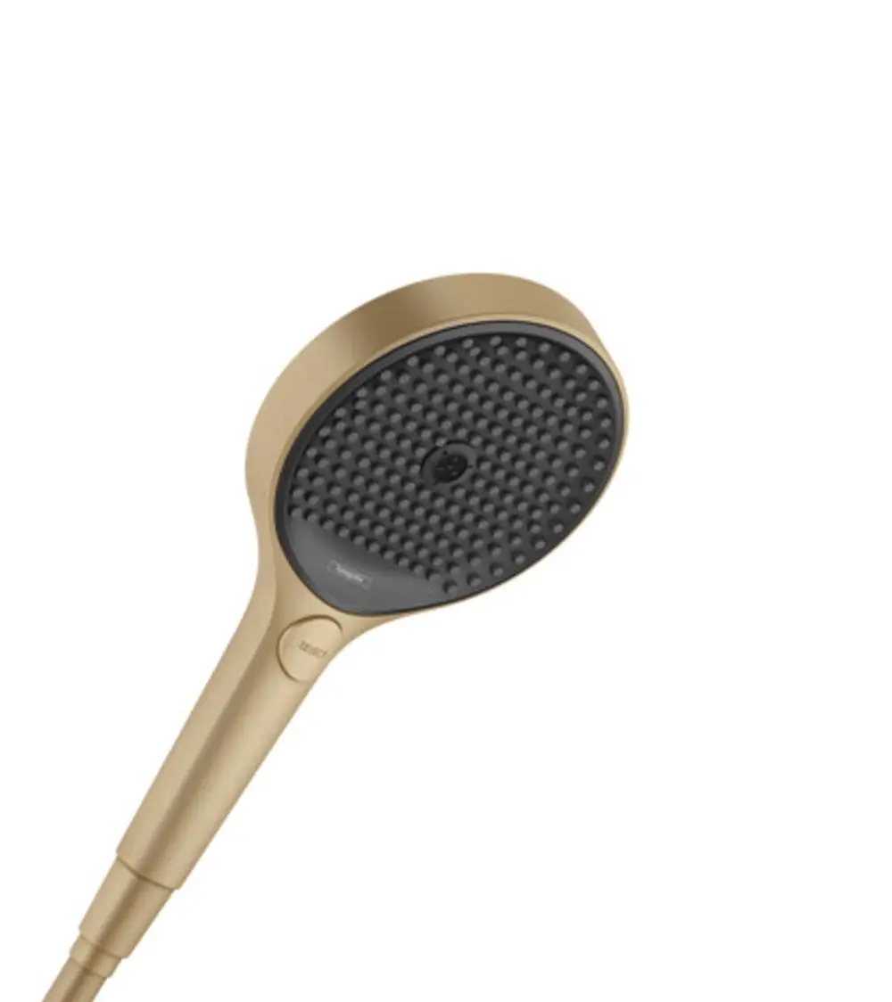 Handbrause in gebürstetem Bronze-Finish mit einer runden Düse und gummierten Noppen für eine einfache Reinigung. Hersteller: Hansgrohe.